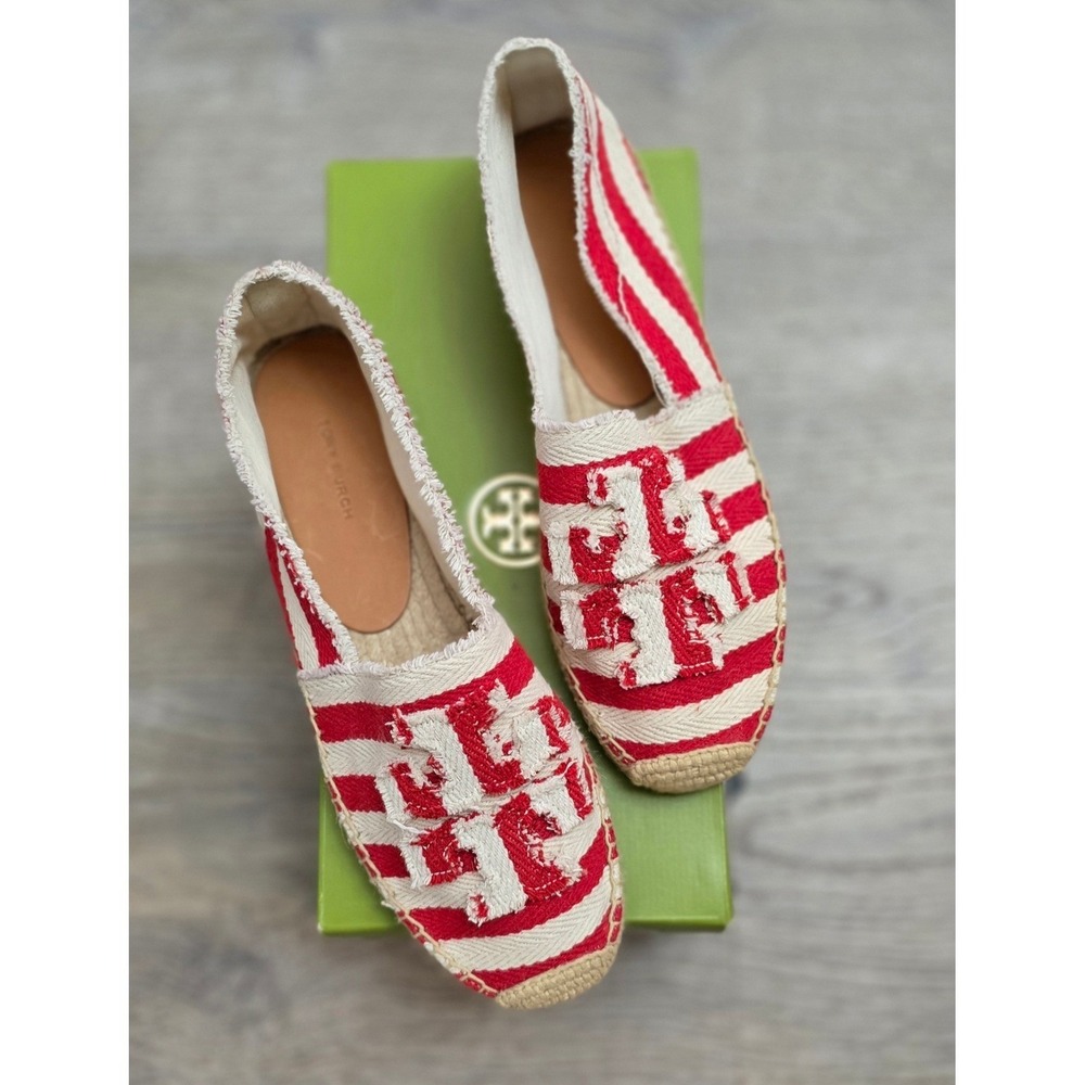 Tory Burch Red White Striped Canvas Espadrille Flats Shoes‎ Women Size 10 - Picture 4 of 4